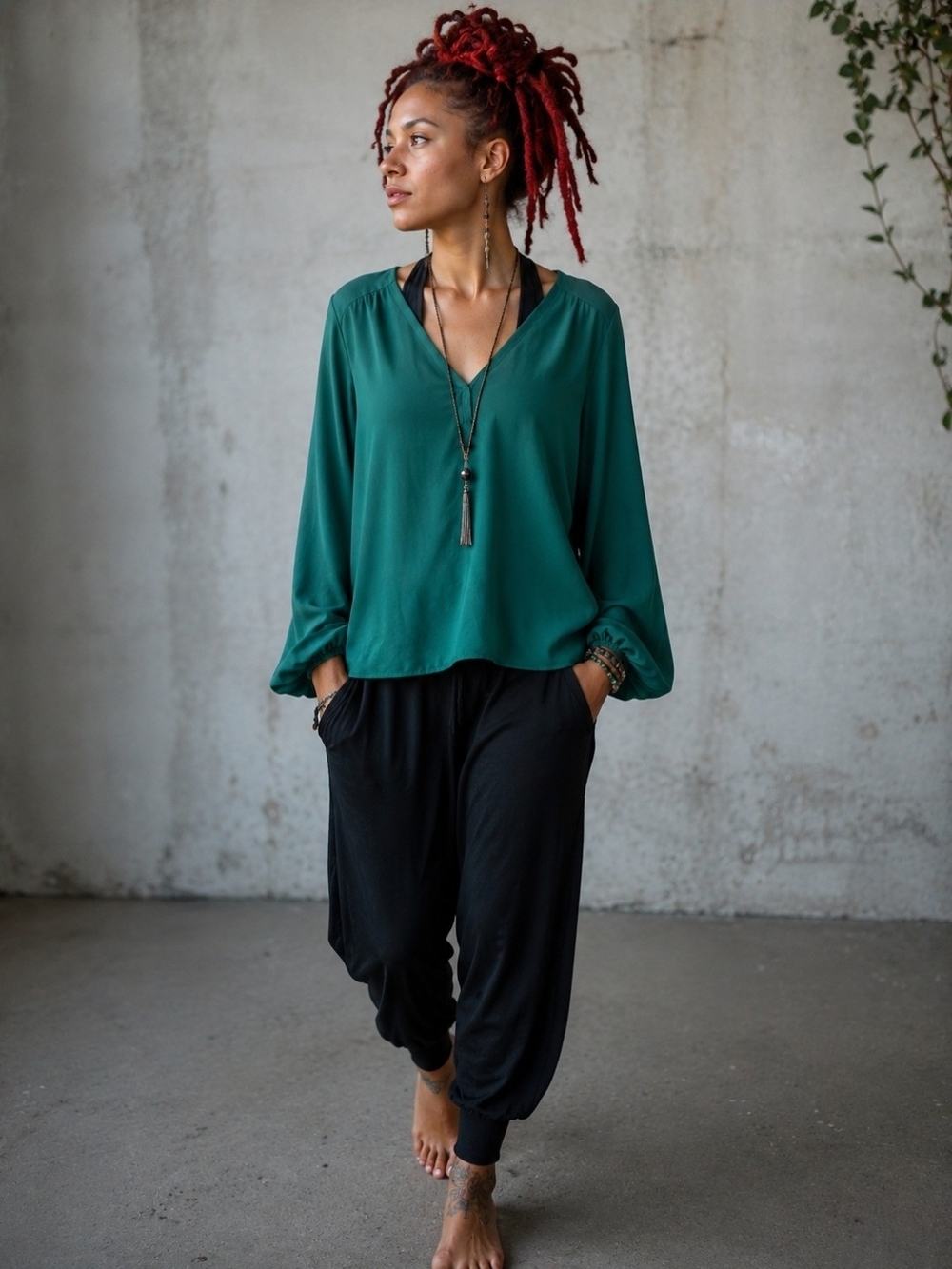 4/$15 Emerald Green V-Neck Long Sleeve Blouse Pleione Women's Shirt Sz L